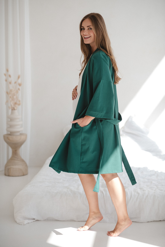 Umstandsbademantel Milk&Love, Flaschengrün – Baumwolle mit Elasthan, bequem, 7/8-Ärmel