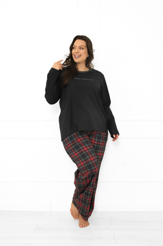 Italian Fashion Damen Schlafanzug dunkel melange-baumwolle, langarm und Hose, kariert 