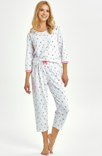 Elodie 3432 Taro Damenpyjama, weiße Baumwolle, 3/4 Ärmel, bequem