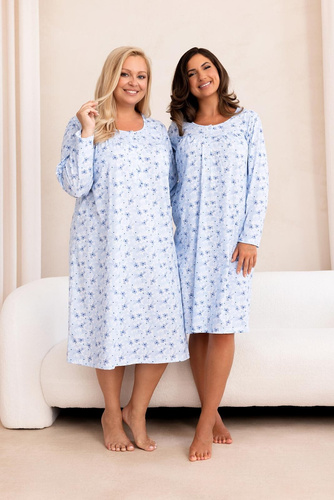 Nachthemd Regina 020 Damen 100% Baumwolle Langarm mit Knöpfen - blau