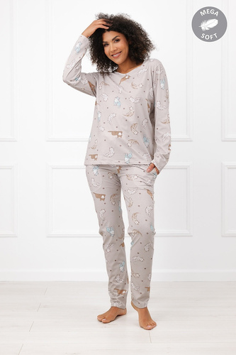 Italian Fashion Filka Damenpyjama Mega Soft lang mit Katzenmuster und Taschen