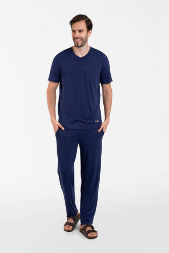 Akord Herren Schlafanzug mit kurzen Ärmeln, lange Hose Italienische Mode - navy blau