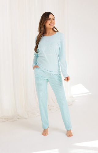 704 Pyjama Regina türkis – Damen-Pyjama aus Baumwolle mit langen Ärmeln und geometrischem Muster