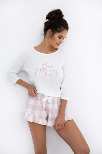 Emily Sensis – Baumwollpyjama für Damen | 3/4-T-Shirt und karierte Shorts mit Rüschen