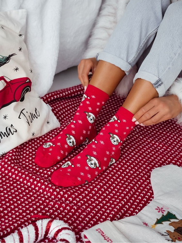 1283-039 Milena Socken – Weihnachtssocken für Damen mit Bulldoggen und Schneeflocken, rot