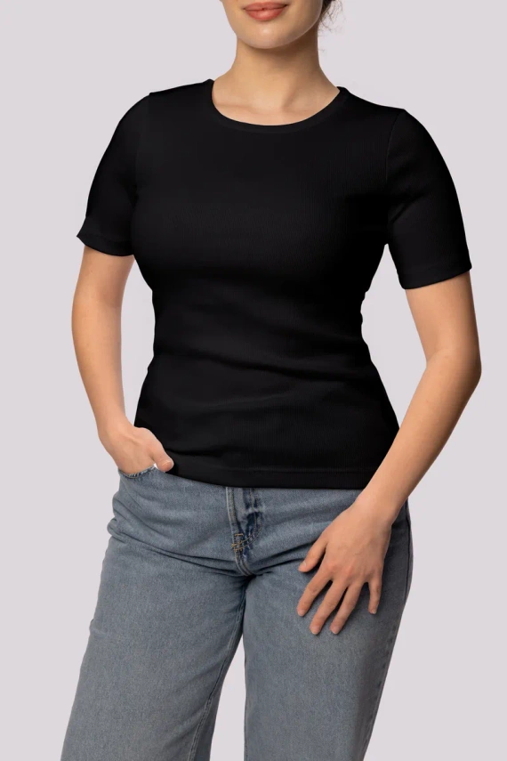 Geripptes gestreiftes Damen-T-Shirt „Mona“, schwarz