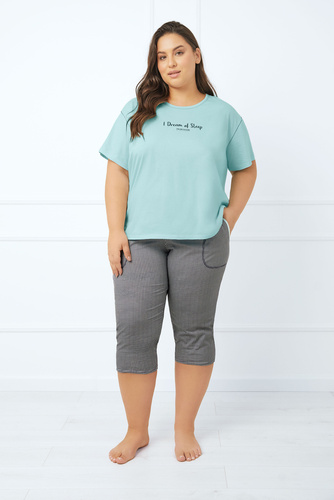 Tarisa Damen Schlafanzug kurzarm, 3/4 Hose Italian Fashion - helltürkis/print