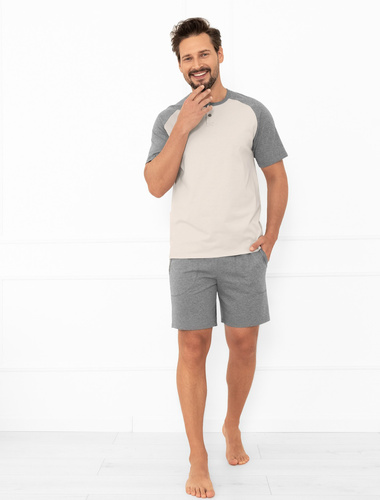 Alexander Italian Fashion Herren Schlafanzug beige - kurze Ärmel und kurze Hose, 100% Baumwolle