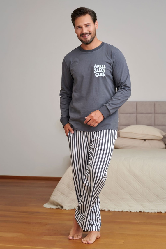 Doctor Nap 7524 Apres Sleep Herren-Pyjama, lang, graphitgrau, 100% Baumwolle