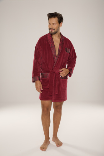 866 Noble Men's De Lafense Velours Bademantel - kurz, elegant, Baumwolle - burgunderrot