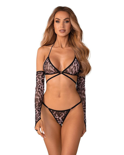 Set Obsessive Addia Soft-BH im Panthermuster, String und Handschuhe