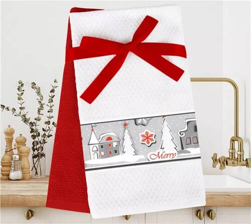 Weihnachten steht vor der Tür. Set Weihnachts-Küchentücher 3D Greno weiß/rot