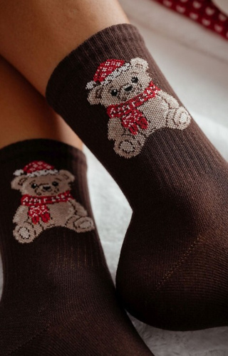 1283-031 Milena Damensocken, braun - Weihnachtsteddybär, Baumwolle