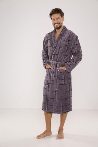 803 / 819 Twin Forex Frottee-Morgenmantel für Herren - grau mit lila Karos (grau kariert)