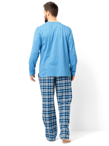 Herrenpyjama MNS 626 Key blau – lange Ärmel, Hose aus Flanell-Baumwolle