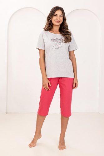 Damen Pyjama Regina 732 aus 100% Baumwolle – Gestreiftes Kurzarm-Shirt mit Print, 3/4 Hose, Atmungsaktiv & Bequem