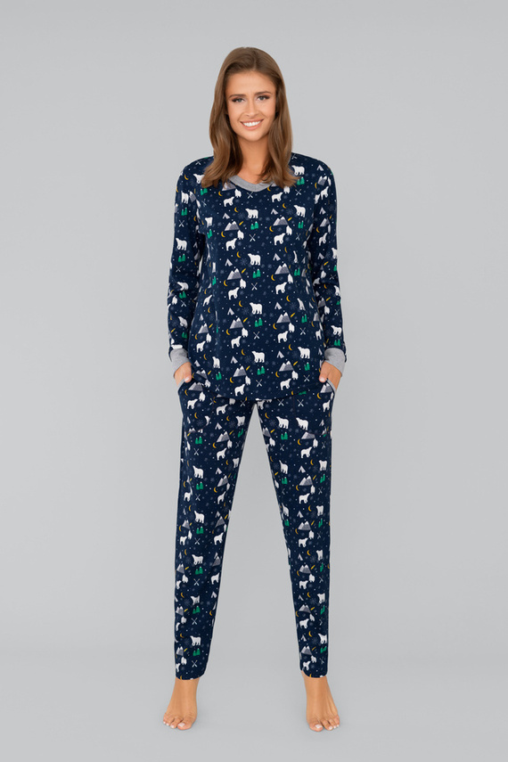 Ava Damen Schlafanzug mit langen Ärmeln und Hose Italian Fashion - marineblauer Druck