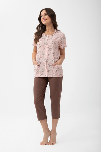 Damen Baumwollpyjama Luna 1304 mit Knöpfen und 3/4-Hose Blumen