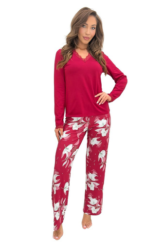 Damen-Pyjama Donna Brigitte Long Bordeaux Viskose Spitze Langarm