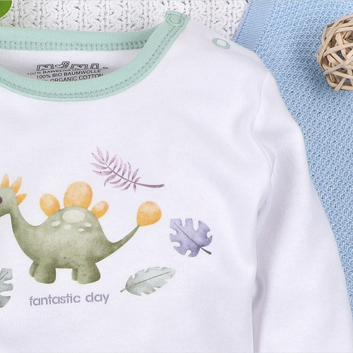 ABN-5565 Dino Explorer Bio-Baumwoll-Body Nini weiß – Bio-Baumwolle, lange Ärmel