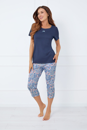 Amara Damen Schlafanzug kurzarm, 3/4 Hose Italian Fashion - navy blau/print