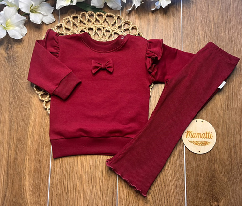 Mamatti DR720 bordeauxfarbenes Mädchen Baumwoll-Jogginganzug mit Schleife, Sweatshirt und Schlagleggings