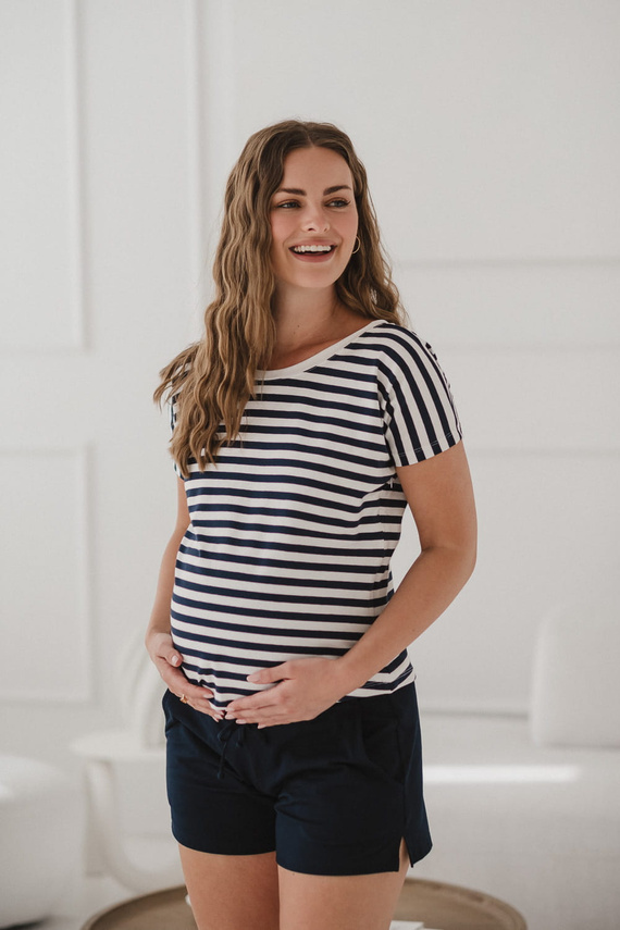 Two Ways Reversible Umstands- und Stillbluse | Kurzarm, bequemes Milk&Love marineblau-weiß gestreift