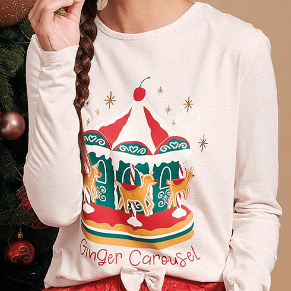 Beiger Sorbetto-Pyjama für Damen von Gretel – Weihnachten, lange Ärmel, Lebkuchen-Print