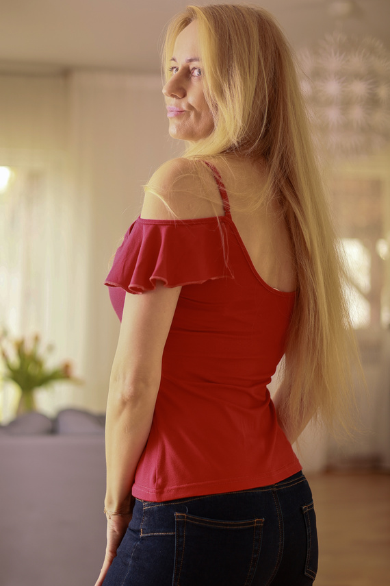 Vera Mirale Damenbluse – offene Schulter, Rüschen, Viskose – rot