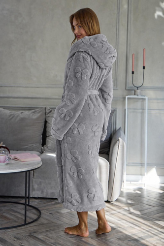 L&L Maya 2631 Damen langer Bademantel mit Kapuze, weich geprägt – grau