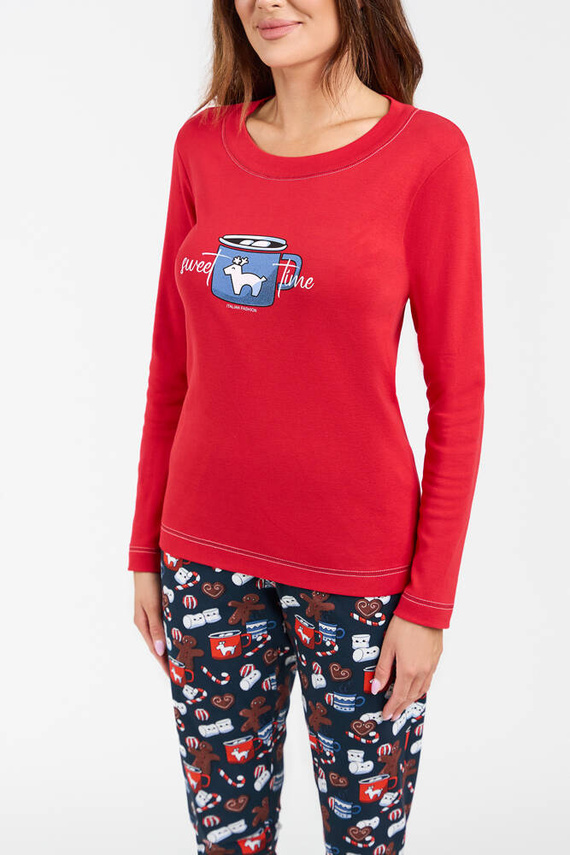 Makala Damen Schlafanzug mit langen Ärmeln und langer Hose Italian Fashion - rot/print 