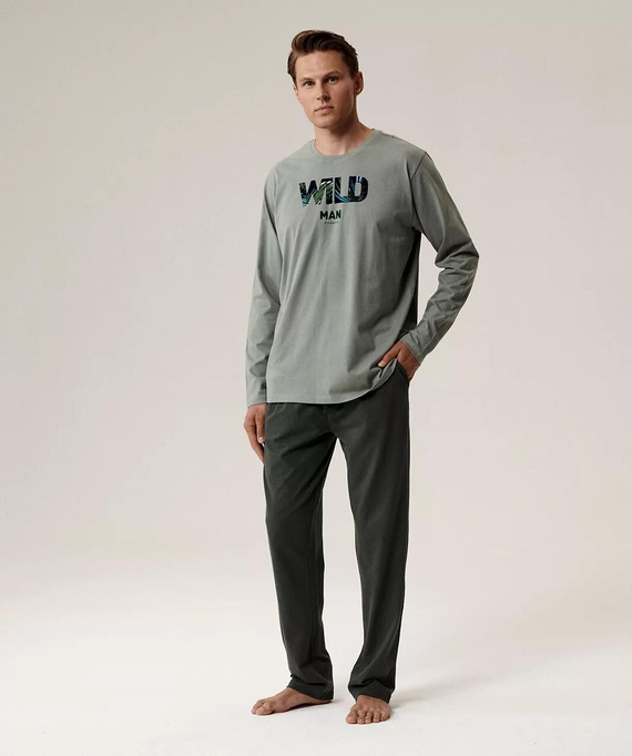 Herrenpyjama NMP-392 Atlantic – grün/khakifarbene Baumwolle, lange Ärmel, stylisches Set für kalte Nächte
