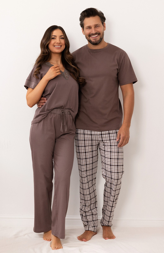 Damen-Pyjama Regina 4008 100% Baumwolle Spitze Satin Lange Hose - Braun