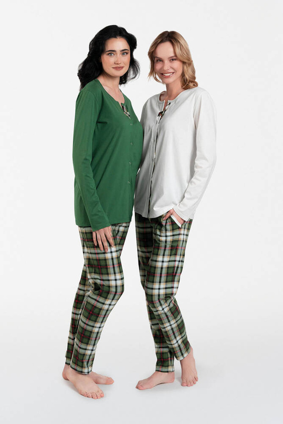 Asama Unbuttoned Ladies' Pyjamas lange Ärmel, lange Hosen Italian Fashion - ecru/print