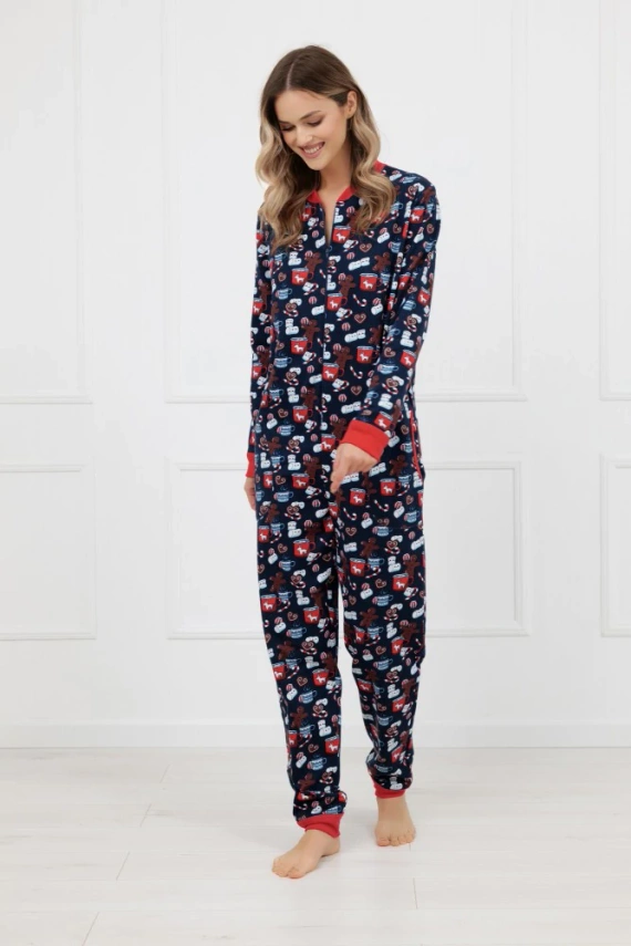 Damen-Schlafoverall Makala BIS Italian Fashion – Baumwoll-Pyjama mit langen Ärmeln und Hosen, weihnachtliches Muster