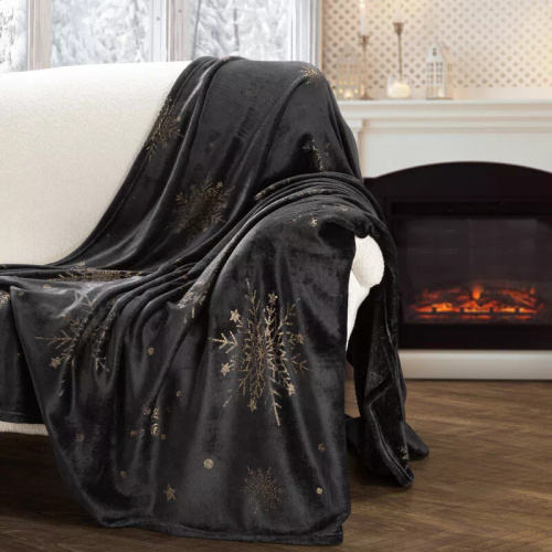 Eurofirany Weihnachtsdecke schwarz-goldene Schneeflocken – weicher Mikrofaser-Überwurf, 240 g/m²