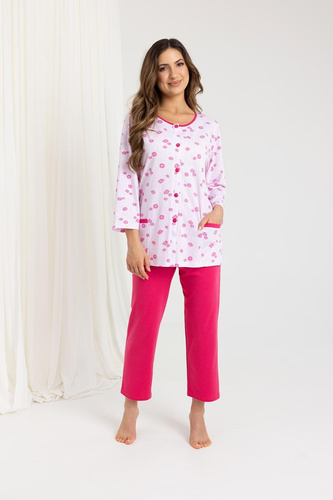 723 Damen-Pyjama „Regina“, rosa – Baumwolle, 7/8-Ärmel, Knöpfe, Komfort und Stil