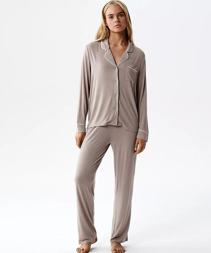 Damenpyjama Atlantic NLP-495 aus Modal mit Kragen und langen Hosen