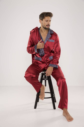 939 Pyjama aus kastanienbraunem Satin für Männer