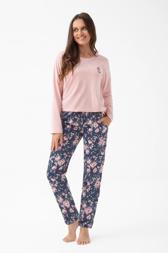 318 Damenpyjama Luna Pink – Baumwolle, lange Ärmel, geblümte Hose, Komfort und Stil
