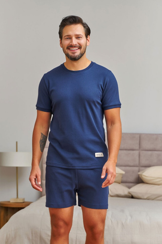 Herren-Pyjama Doctor Nap 7413 Dunkelblau Gerippt Baumwolle T-Shirt Shorts