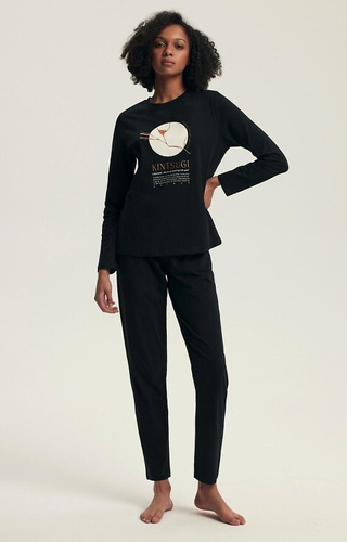 43727 Dairoku Henderson Damenpyjama, schwarz – Baumwolle, lange Ärmel und Hose