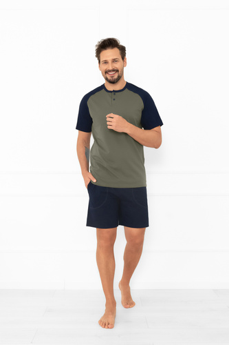 Alexander Italian Fashion Herren Schlafanzug oliv - kurze Ärmel und kurze Hose, 100% Baumwolle 