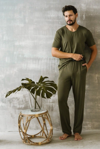 Dallas Herren Kurzarm-Pyjama, lange Hose Italian Fashion- khaki