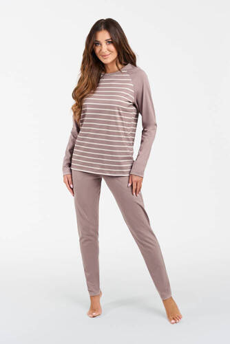 Oda Damen Schlafanzug mit langen Ärmeln, lange Hose Italian Fashion - Cappuccino/Cappuccino Druck