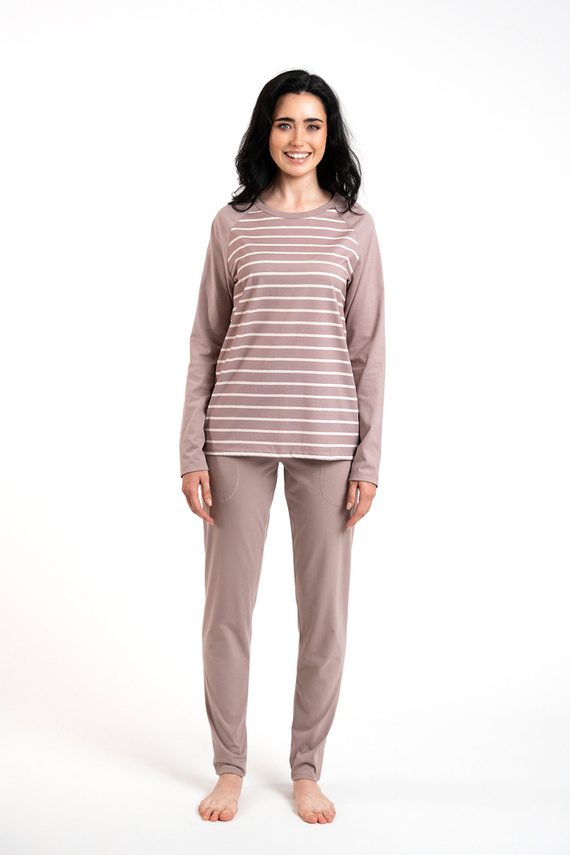 Oda Damen Schlafanzug mit langen Ärmeln, lange Hose Italian Fashion - Cappuccino/Cappuccino Druck 