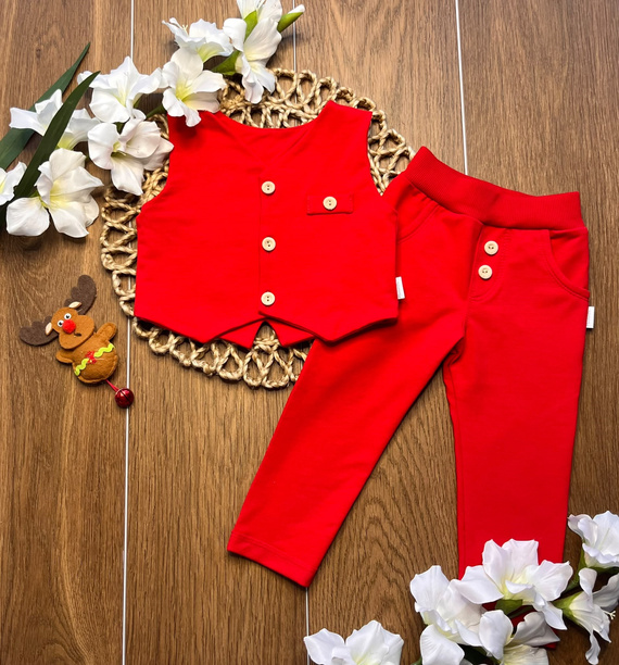 Mamatti KC014 roter Jungen-Baumwoll-Set mit Weste und Hosen mit Knöpfen