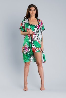 DORITA Damen Satin Bademantel Italienische Mode- print/grün