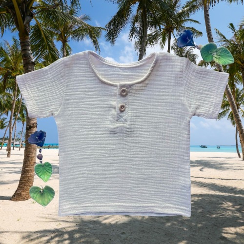 BL55103 Mamatti Ecru Musselin Polo-Bluse mit kurzen Ärmeln und Knöpfen
