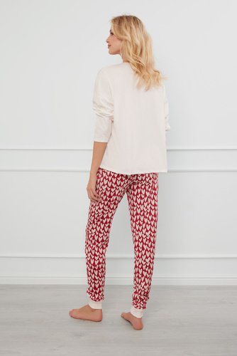 Evora Damen Schlafanzug langarm, lange Hose Italian Fashion - ecru/print